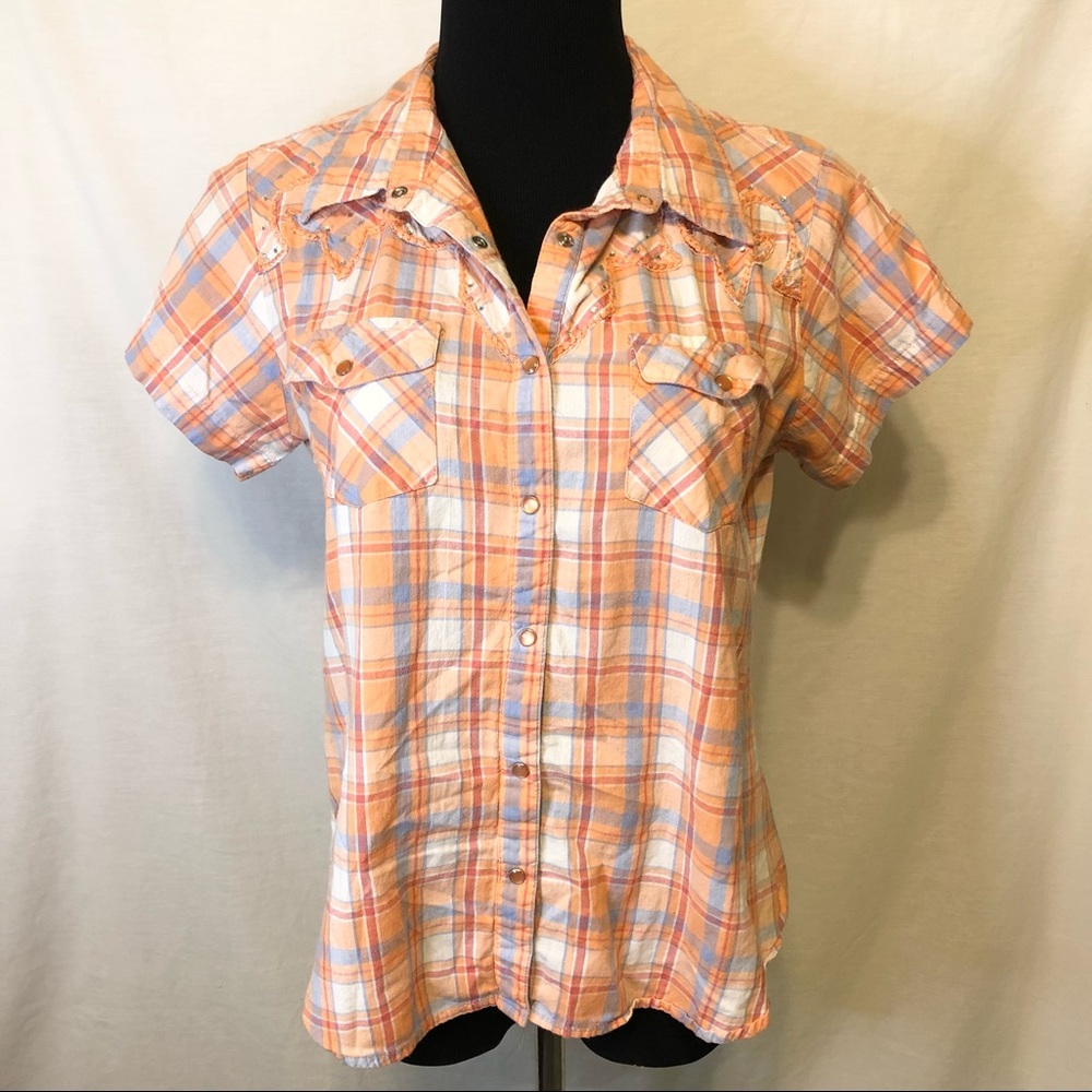 Henna S Orange Plaid Pearl Snap Button Down - M